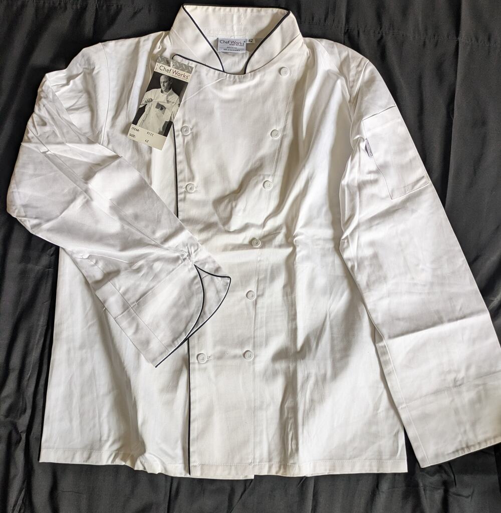 Chef Works Monte Carlo Executive Chef Coat 42 White Black Piping 100% Cotton